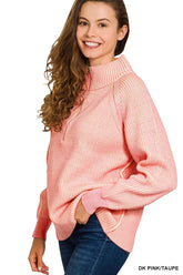 Ribbed Two Tone Half Zip Sweater ZENANA